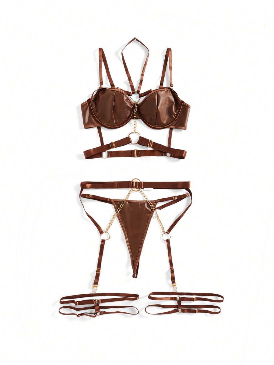 Garter Belt Set - Patent Leather Underwire Bra And Garter
