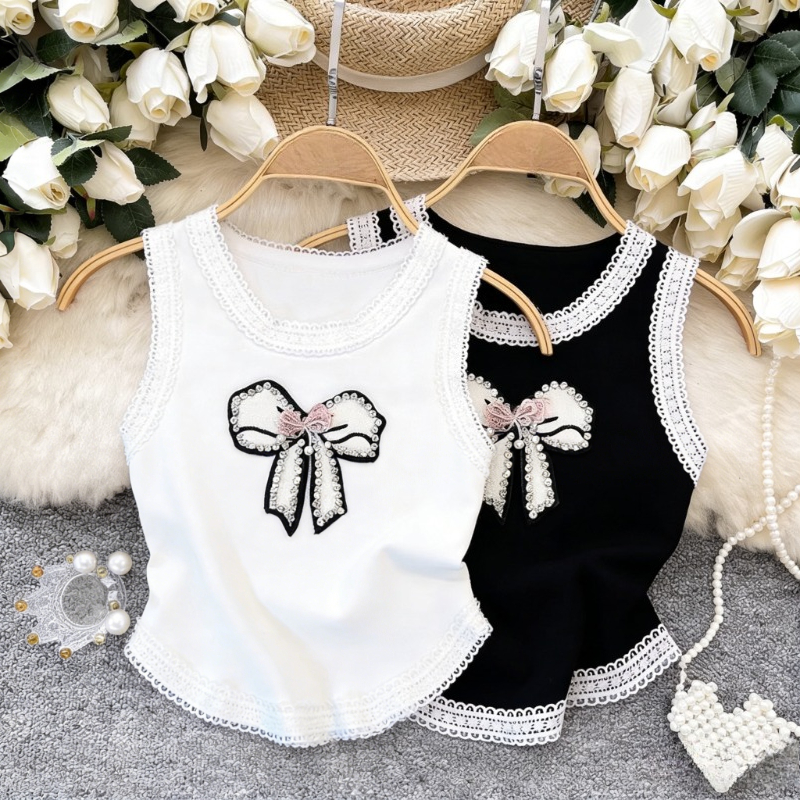 Cami Top Lace - White Lace Trim Rhinestone Bow Crop