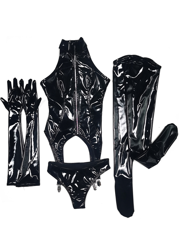 4PCS/SET Wet Look PVC Catsuit  - Garter Belt Set incelemesi ve fiyatı