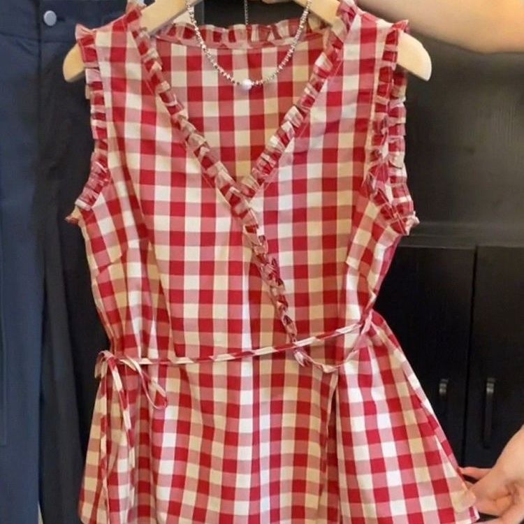 Retro Red Plaid Sleeveless Ves - Corset Waist Cinch incelemesi ve fiyatı