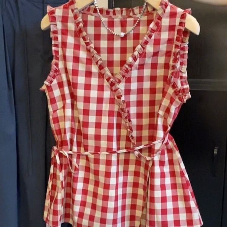 Retro Red Plaid Sleeveless Ves - Corset Waist Cinch incelemesi ve fiyatı