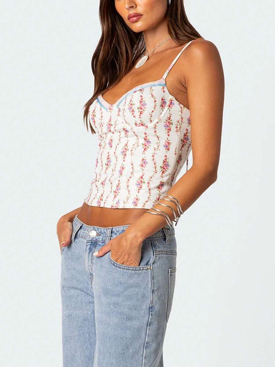 Women Floral Print Tie Strap V - Cami Top Lace incelemesi ve fiyatı